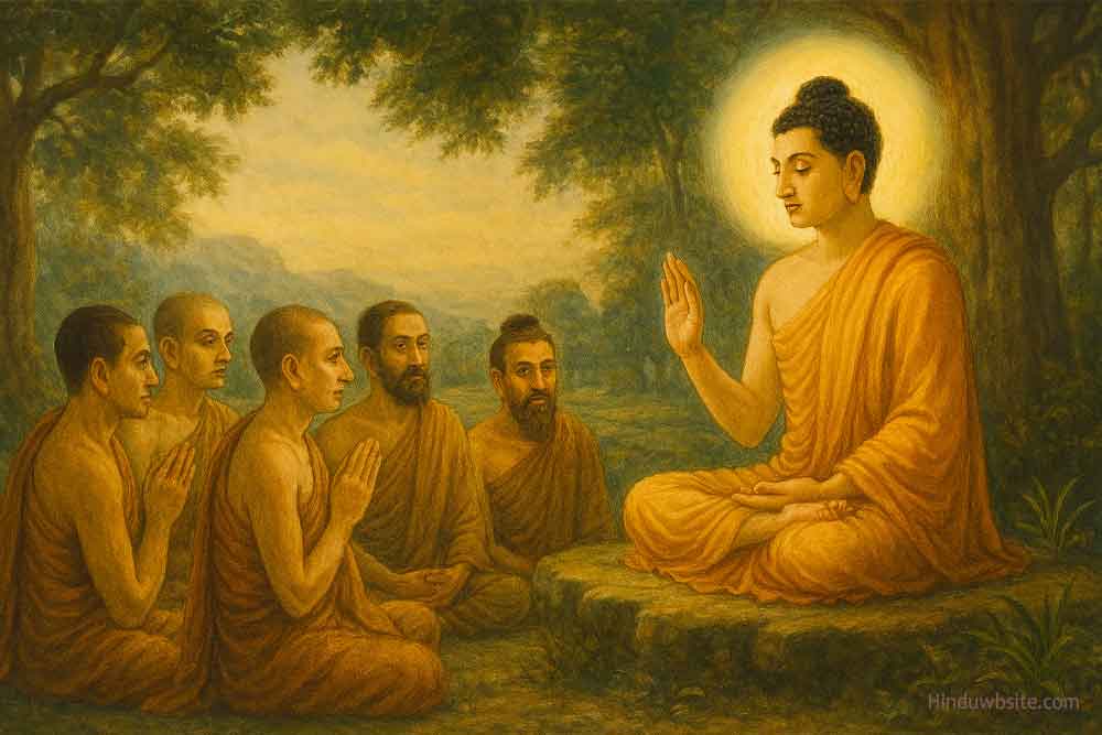 Buddha, delivering first sermon to monks