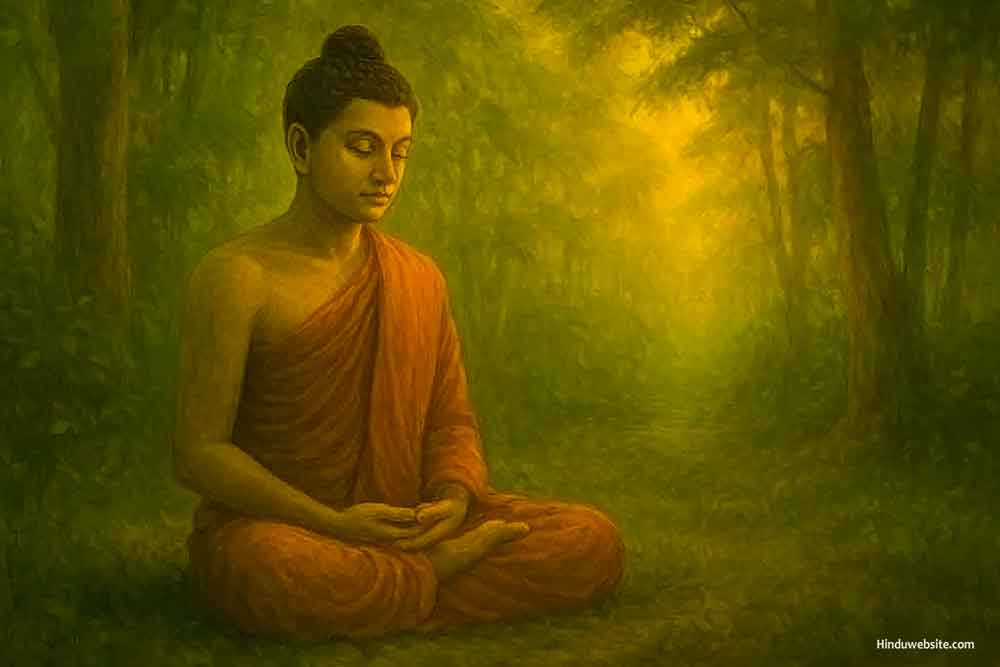 Buddha practicing meditation in a forest