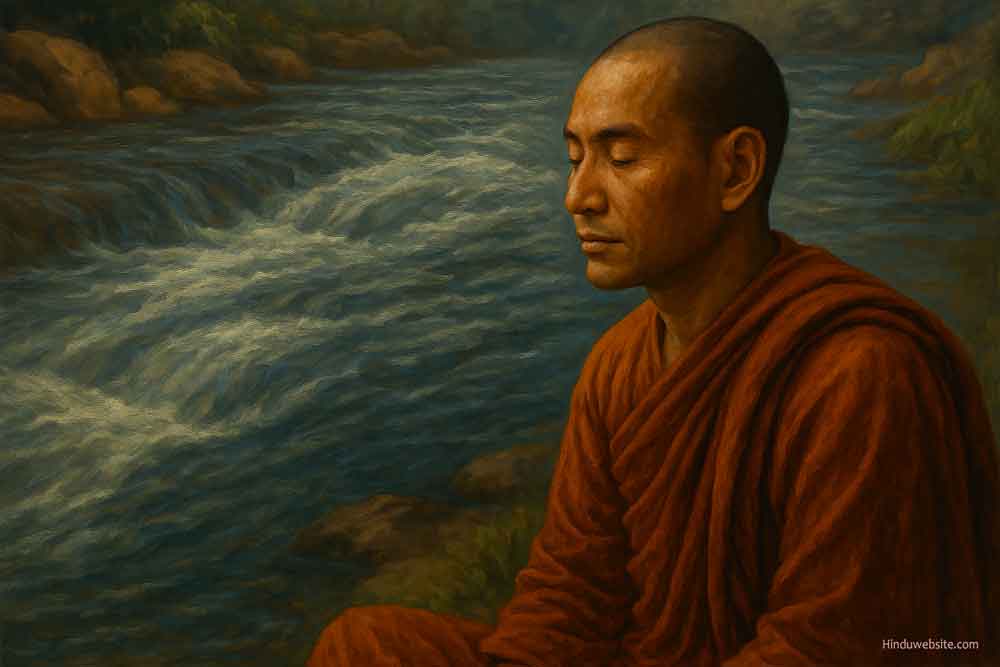 A Budhist monk practicing meditation by river side