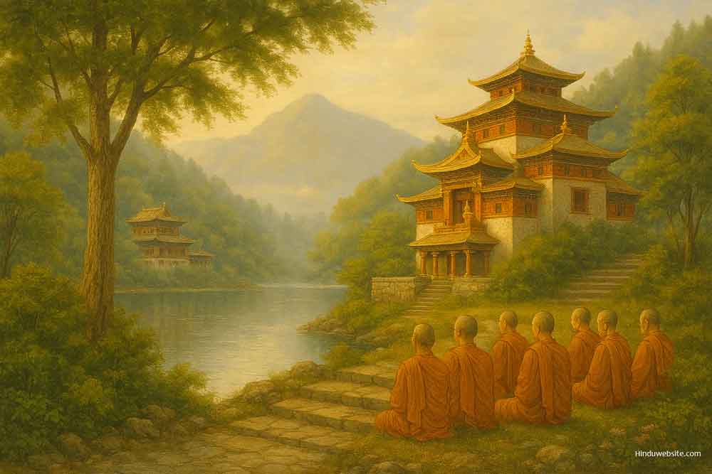 Buddhist monks by lakeside monastery